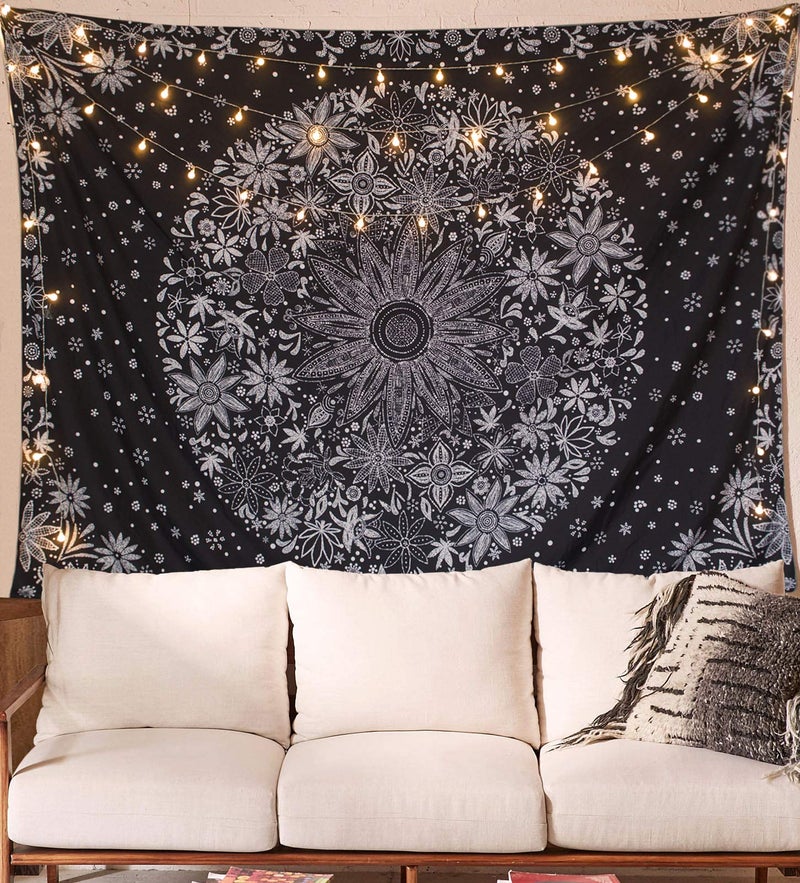 Neasow Bohemian Tapestry Wall Hanging,Black and White Floral Tapestry with Dotted Daisy Medallion Print Bedroom Boho Hippie Home Decor, 70Ã—90 inches - Image 1